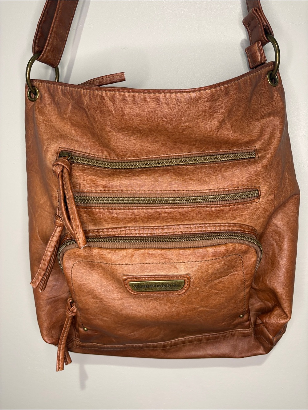 Stone Mountain Cognac Brown Multi Pocket Crossbody Bag Distressed Boho